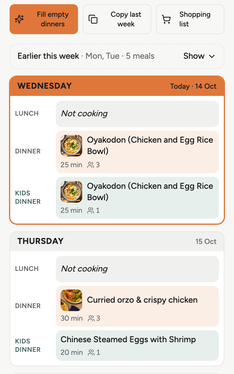 The week board on a phone: Wednesday with lunch, dinner and a kids dinner