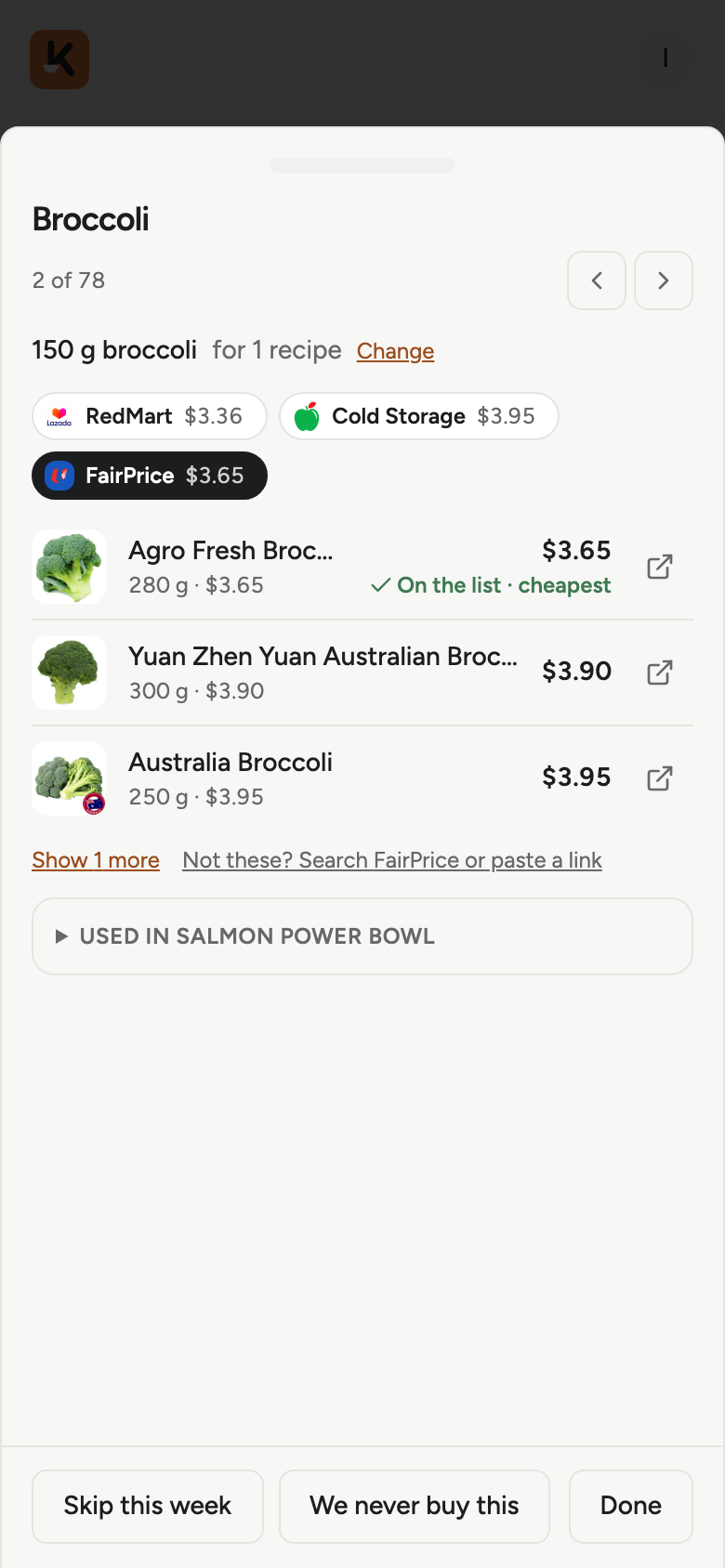 A broccoli line with prices at three shops and the cheapest pack marked
