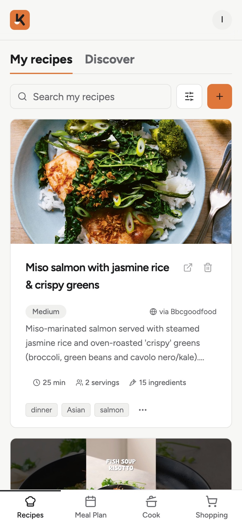 The recipes page with saved recipes and their photos